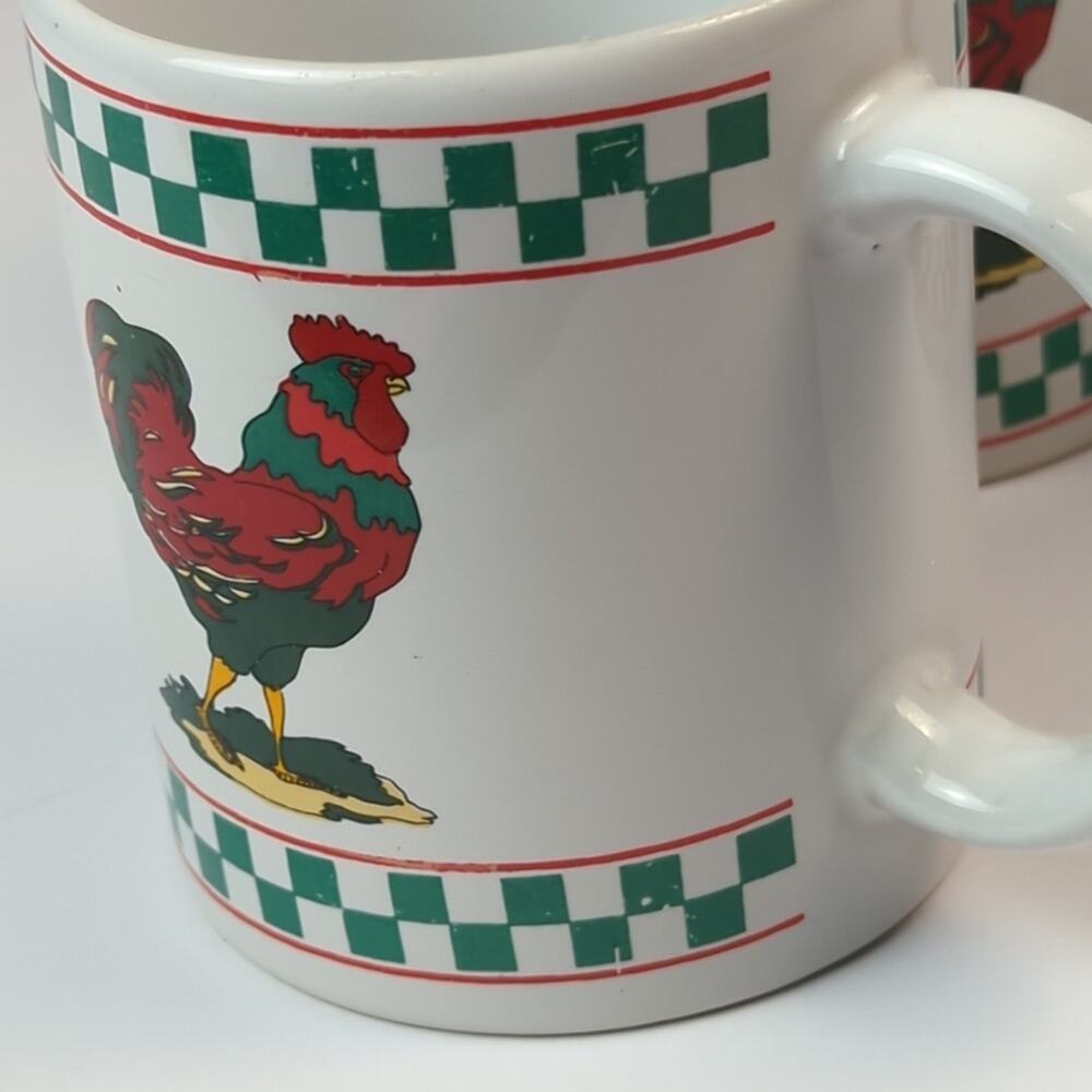 Vintage Farmhouse Rooster Coffee Mug Set White Cups Green Checkered Border - Picture 6 of 11